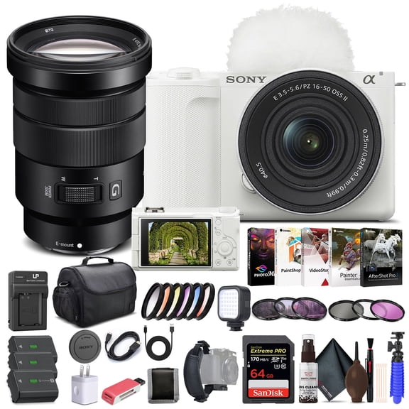 Sony Alpha ZV-E10 II Mirrorless Camera with 16-50mm Lens (White) - Sony 18-105mm Lens , 64GB Memory Card , Color Filter Kit , Filter Kit , Photo Software , Bag , More