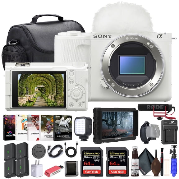 Sony Alpha ZV-E10 II Mirrorless Camera (Body Only, White), 4K Monitor , Pro Mic , 2 x 64GB Memory Card , Photo Software , Bag , 3 x NP-FZ100 Battery , External Charger , More
