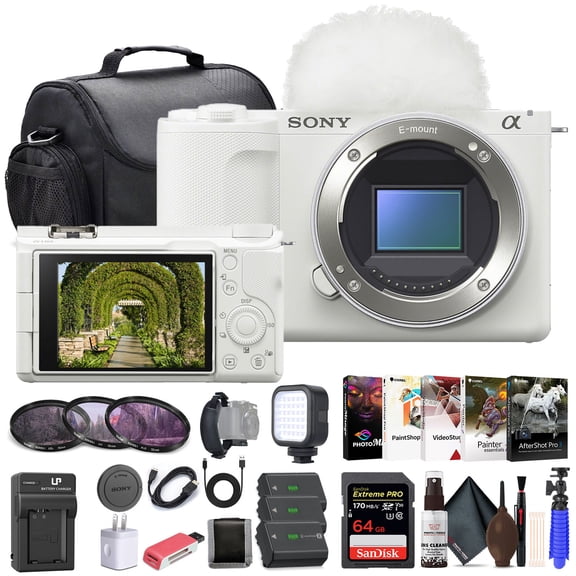 Sony Alpha ZV-E10 II Mirrorless Camera (Body Only, White) 64GB Memory Card , Photo Software , Bag , 2 x NP-FZ100 Battery , External Charger , Card Reader , LED Light , HDMI Cable , More