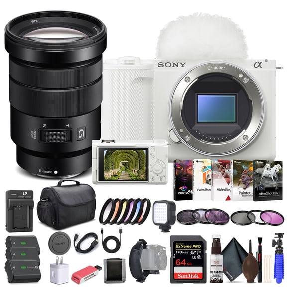 Sony Alpha ZV-E10 II Mirrorless Camera (Body Only, White) , Sony 18-105mm Lens , 64GB Memory Card , Color Filter Kit , Filter Kit , Photo Software , Bag , 2 x NP-FZ100 Battery , More
