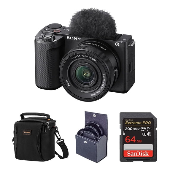 Sony Alpha ZV-E10 II Mirrorless Camera with E PZ 16-50mm f/3.5-5.6 OSS II Lens (International Model), Black, Bundle with 64GB Memory Card, 40.5mm Filter Kit and Shoulder Bag