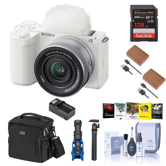 Sony Alpha ZV-E10 II Mirrorless Camera with E PZ 16-50mm f/3.5-5.6 OSS II Lens, White Bundle with 128GB Memory Card, 2x Battery, Charger Base, Microphone, MT-11 Tripod and PC Software License Key