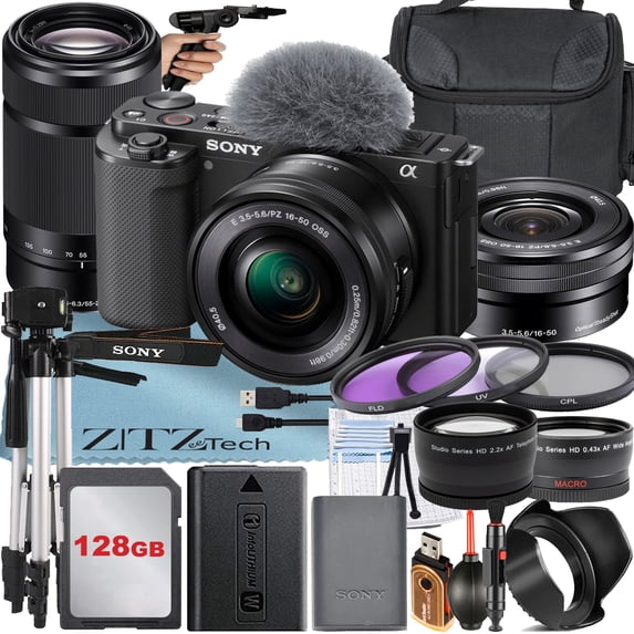Sony Alpha ZV-E10 Mirrorless Vlog Camera with 16-50mm Lens + 55-210mm Lens + 128GB Memory Card + Filter Kit + Tripod + Case + ZeeTech Accessory Bundle (Black) International Version