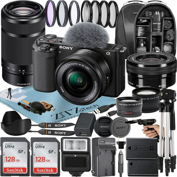 Sony Alpha ZV-E10 Mirrorless Vlog Camera with 16-50mm Lens + 55-210mm Lens + 2 Pack 128GB Memory Card + Flash + Tripod + Backpack + ZeeTech Accessory Bundle (Black)