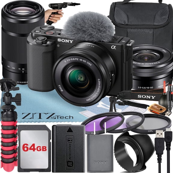Sony Alpha ZV-E10 Mirrorless Vlog Camera with 16-50mm Lens + 55-210mm Lens + 64GB Memory Card + Filter Kit + Tripod + Case + ZeeTech Accessory Bundle (Black)