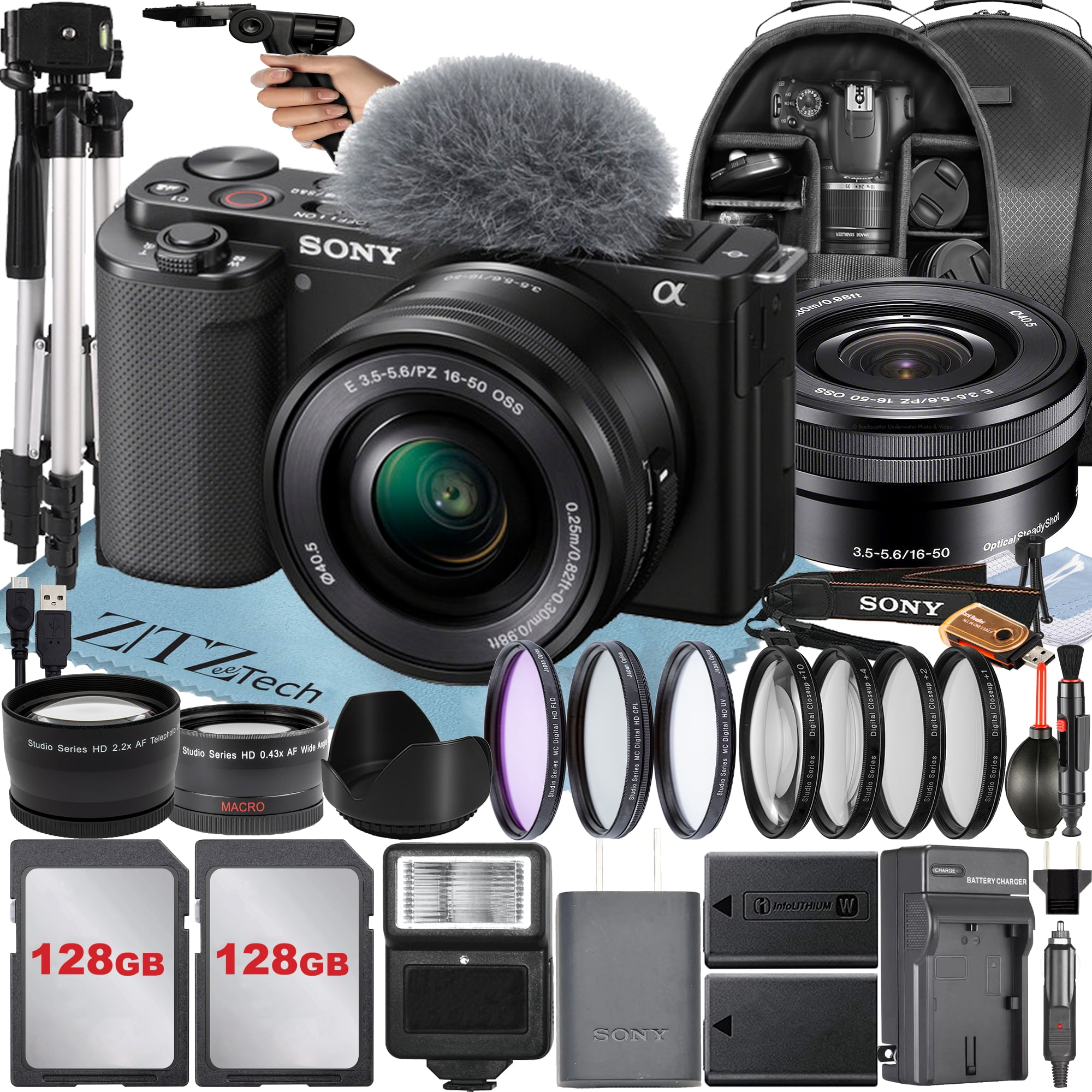Sony Alpha ZV-E10 Mirrorless Vlog Camera With 16-50mm Lens + Two Pack 128GB Memory Card + Flash + Tripod + Backpack + ZeeTech Accessory Bundle (Black) International Version