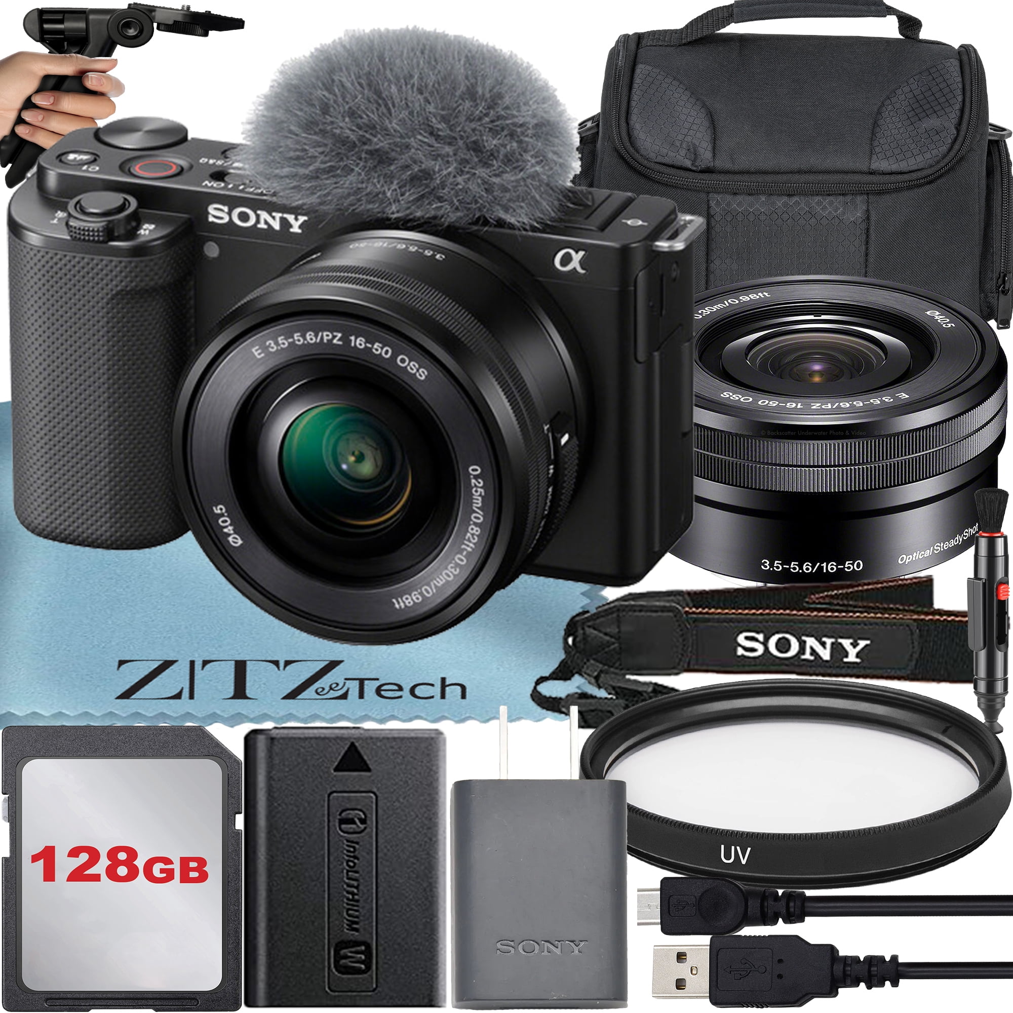 Sony Alpha ZV-E10 Vlog Camera, 16-50mm Lens, 128GB, Tripod, Case