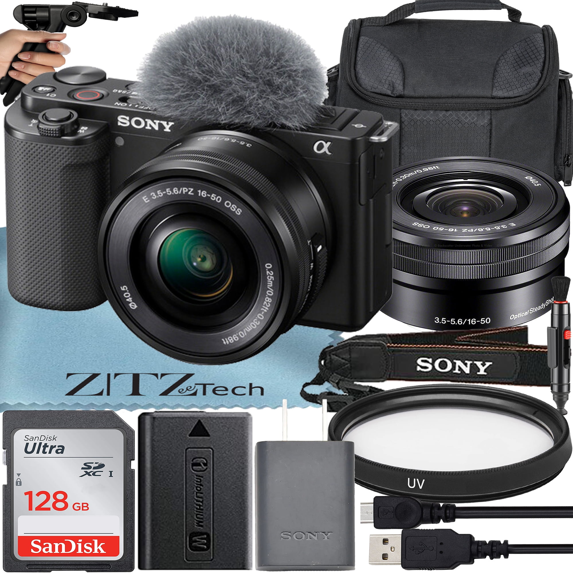 Sony Alpha ZV-E10 Mirrorless Vlog Camera with 16-50mm Lens + 2 Pack 32GB  Memory Card + Flash + Tripod + Case + ZeeTech Accessory Bundle (White) 