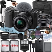 Sony Alpha ZV-E10 Mirrorless Vlog Camera With 16-50mm Lens + 2 Pack 64GB Memory Card + Flash + Tripod + Case + ZeeTech Accessory Bundle International Version Black