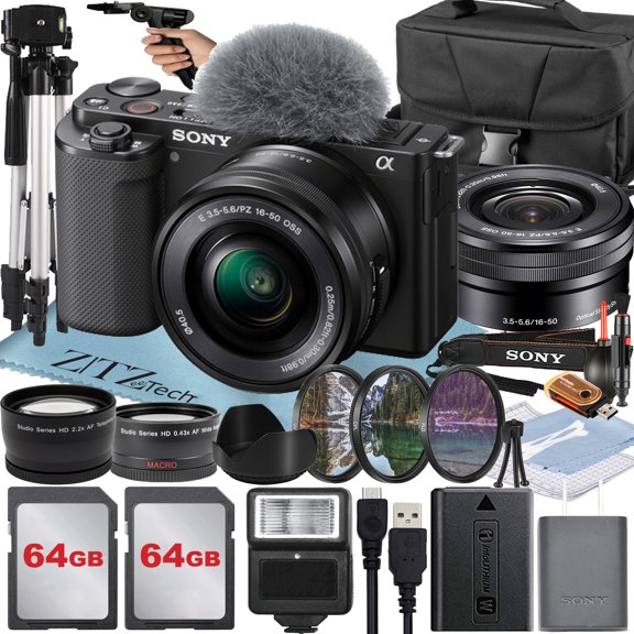 Sony Alpha ZV-E10 Mirrorless Vlog Camera With 16-50mm Lens + 2 Pack 64GB Memory Card + Flash + Tripod + Case + ZeeTech Accessory Bundle (International Version) (Black)
