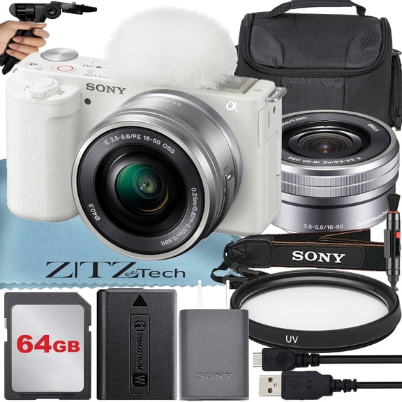 Sony Alpha ZV-E10 Mirrorless Vlog Camera With 16-50mm Lens + 64GB Memory Card + Tripod + Case + ZeeTech Accessory Bundle (International Version) (White)