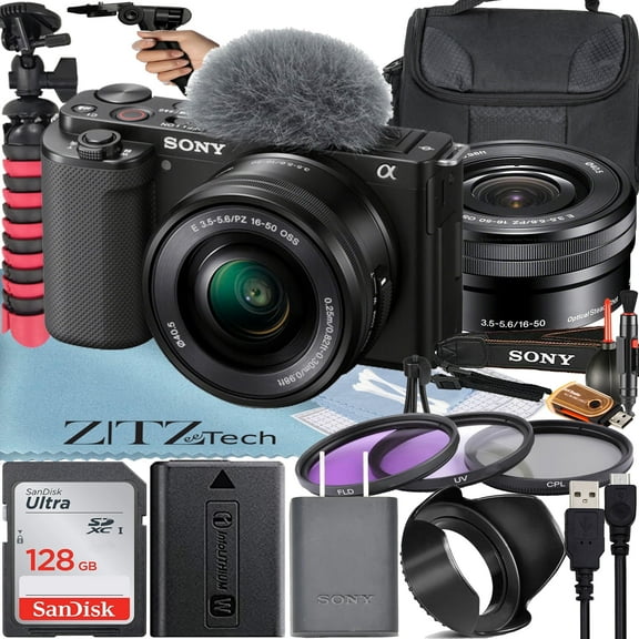 Sony Alpha ZV-E10 Mirrorless Vlog Camera with 16-50mm Lens + 128GB Memory Card + Filter Kit + Tripod + Case + ZeeTech Accessory Bundle (Black)