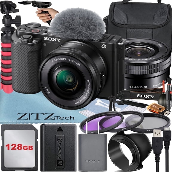 Sony Alpha ZV-E10 Mirrorless Vlog Camera with 16-50mm Lens + 128GB Memory Card + Filter Kit + Tripod + Case + ZeeTech Accessory Bundle (Black)