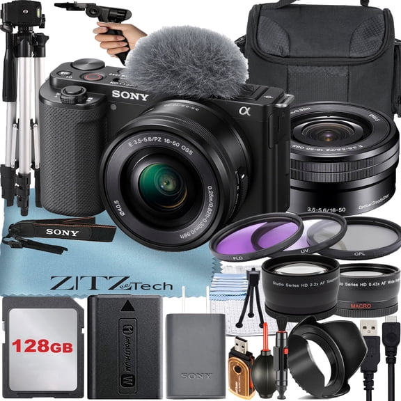 Sony Alpha ZV-E10 Mirrorless Vlog Camera with 16-50mm Lens + 128GB Memory Card + Filter Kit + Tripod + Case + ZeeTech Accessory Bundle (Black) International Version