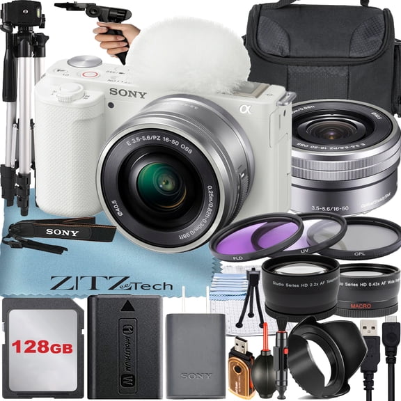 Sony Alpha ZV-E10 Mirrorless Vlog Camera with 16-50mm Lens + 128GB Memory Card + Filter Kit + Tripod + Case + ZeeTech Accessory Bundle (White)