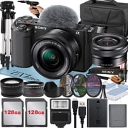 Sony Alpha ZV-E10 Mirrorless Vlog Camera with 16-50mm Lens + 2 Pack 128GB Memory Card + Flash + Tripod + Case + ZeeTech Accessory Bundle Black