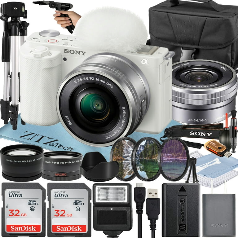 Sony Alpha ZV-E10 Mirrorless Vlog Camera with 16-50mm Lens + 2 Pack 32GB  Memory Card + Flash + Tripod + Case + ZeeTech Accessory Bundle (White)