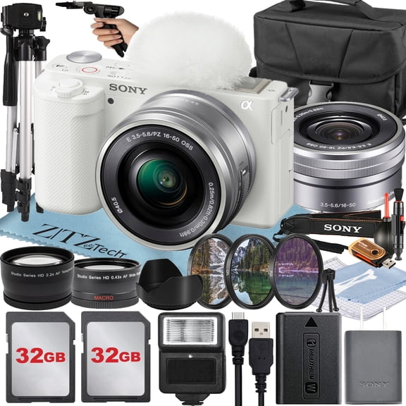 Sony Alpha ZV-E10 Mirrorless Vlog Camera with 16-50mm Lens + 2 Pack 32GB Memory Card + Flash + Tripod + Case + ZeeTech Accessory Bundle (White) (International Version)