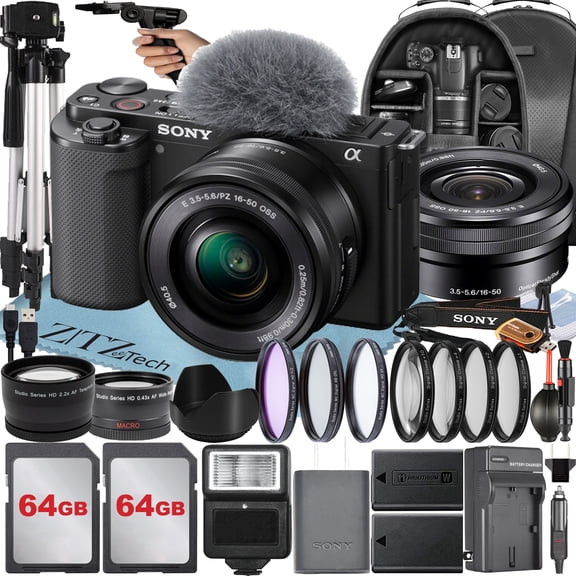 Sony Alpha ZV-E10 Mirrorless Vlog Camera with 16-50mm Lens + 2 Pack 64GB Memory Card + Flash + Tripod + Backpack + ZeeTech Accessory Bundle (Black) International Version