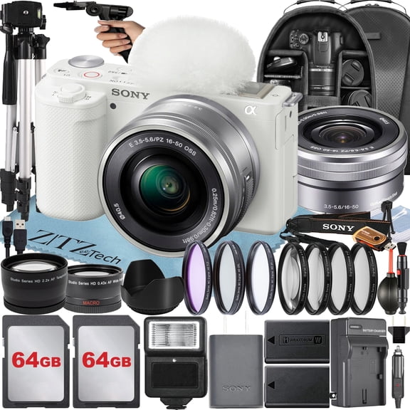 Sony Alpha ZV-E10 Mirrorless Vlog Camera with 16-50mm Lens + 2 Pack 64GB Memory Card + Flash + Tripod + Backpack + ZeeTech Accessory Bundle (International Version) (White)