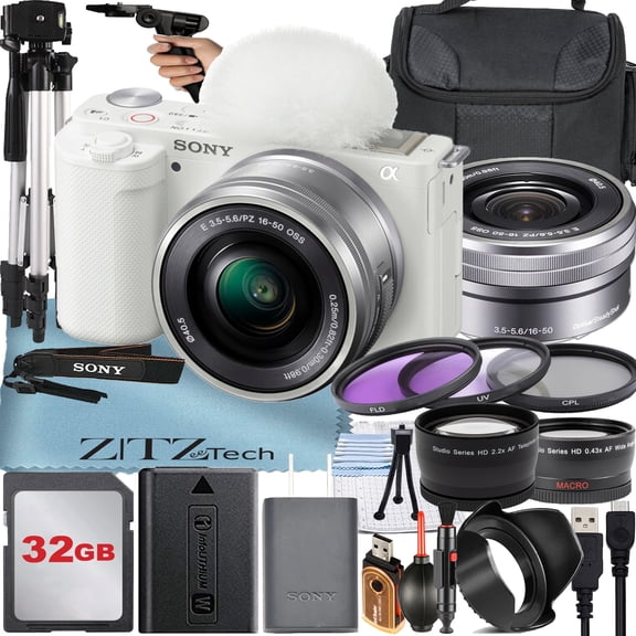 Sony Alpha ZV-E10 Mirrorless Vlog Camera with 16-50mm Lens + 32GB Memory Card + Filter Kit + Tripod + Case + ZeeTech Accessory Bundle (White) International Version