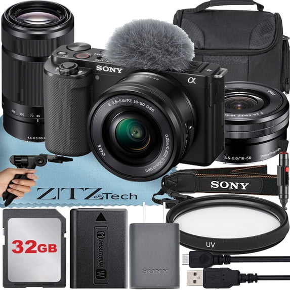 Sony Alpha ZV-E10 Mirrorless Vlog Camera with 16-50mm Lens + 55-210mm Lens + 32GB Memory Card + Tripod + Case + ZeeTech Accessory Bundle (Black)