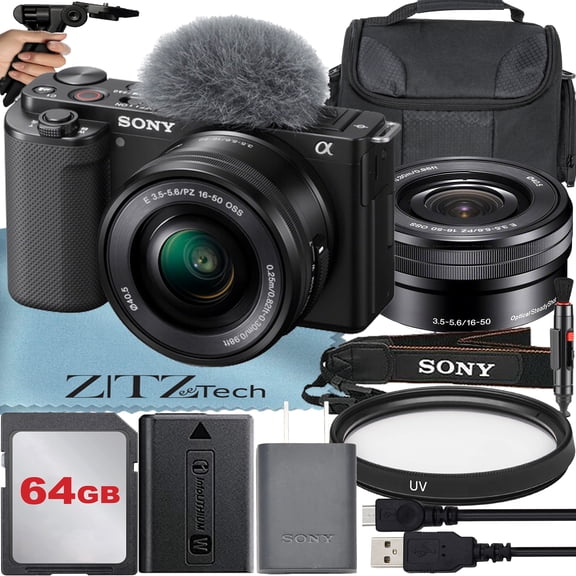 Sony Alpha ZV-E10 Mirrorless Vlog Camera with 16-50mm Lens + 64GB Memory Card + Tripod + Case + ZeeTech Accessory Bundle (Black)