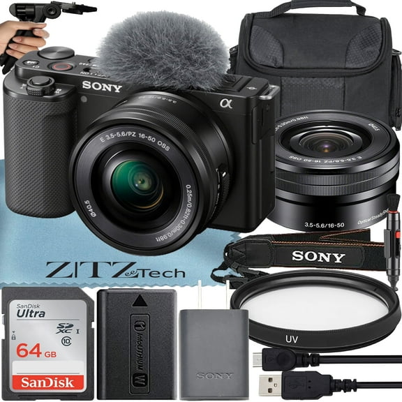 Sony Alpha ZV-E10 Mirrorless Vlog Camera with 16-50mm Lens + 64GB Memory Card + Tripod + Case + ZeeTech Accessory Bundle (Black)