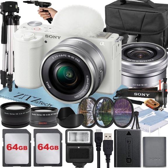 Sony Alpha ZV-E10 Mirrorless Vlog Camera with 16-50mm Lens + Two Pack 64GB Memory Card + Flash + Tripod + Case + ZeeTech Accessory Bundle (White) (International Version)