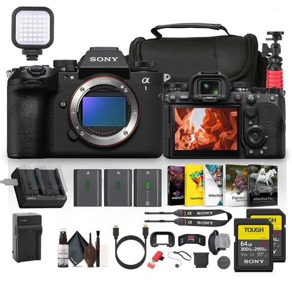 Sony Alpha a1 II Full-Frame Interchangeable Lens Mirrorless Camera (ILCE-1M2) + 2 x 64GB Memory Card + 2 x NP-FZ100 + Photo Software + LED Light + Camera Bag + Flexible Tripod + More
