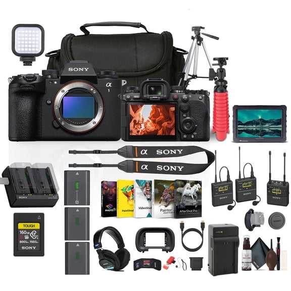 Sony Alpha a1 II Full-Frame Interchangeable Lens Mirrorless Camera (ILCE-1M2) + Mic System + 160GB Memory Card + Monitor + Pro HeadPhones + 2 x NP-FZ100 + Tripod + More
