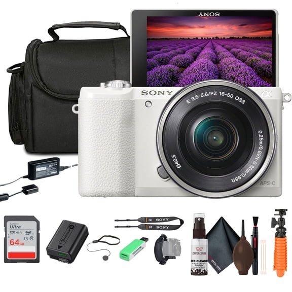 Sony Alpha a5100 Mirrorless Camera with 16-50mm Power Zoom Lens | 24.3MP APS-C Sensor, Fast Hybrid Autofocus (White) + 64GB Card + Card Reader + Case + Flex Tripod + Hand Strap + Memory Wallet + More