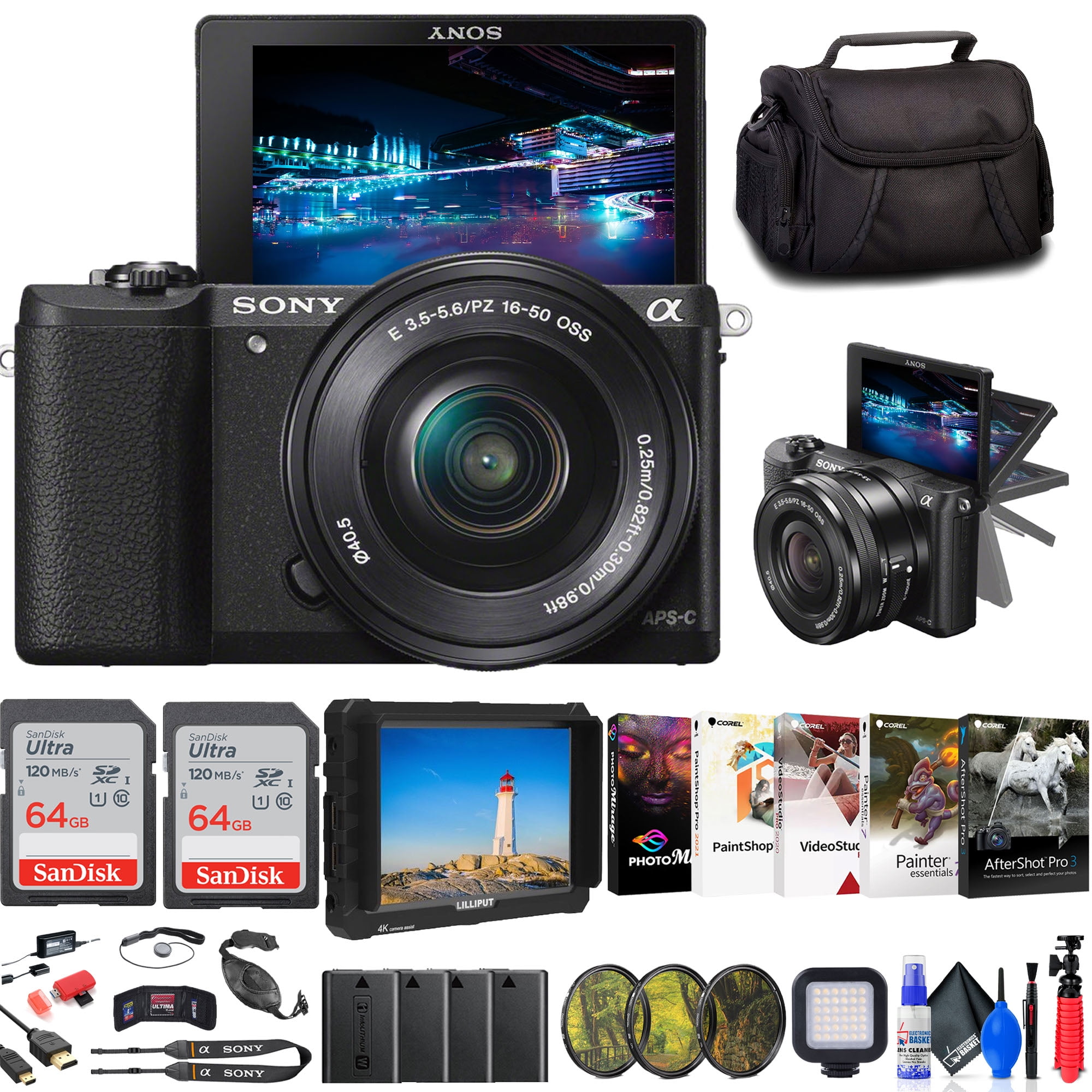 Sony a6100 Mirrorless Camera 4K APS-C ILCE-6100YB with 2 Lens Kit 16-50mm +  55-210mm and Deco Gear Case + Extra Battery + Flash + Wide Angle &  Telephoto Lens + Filter Kit +
