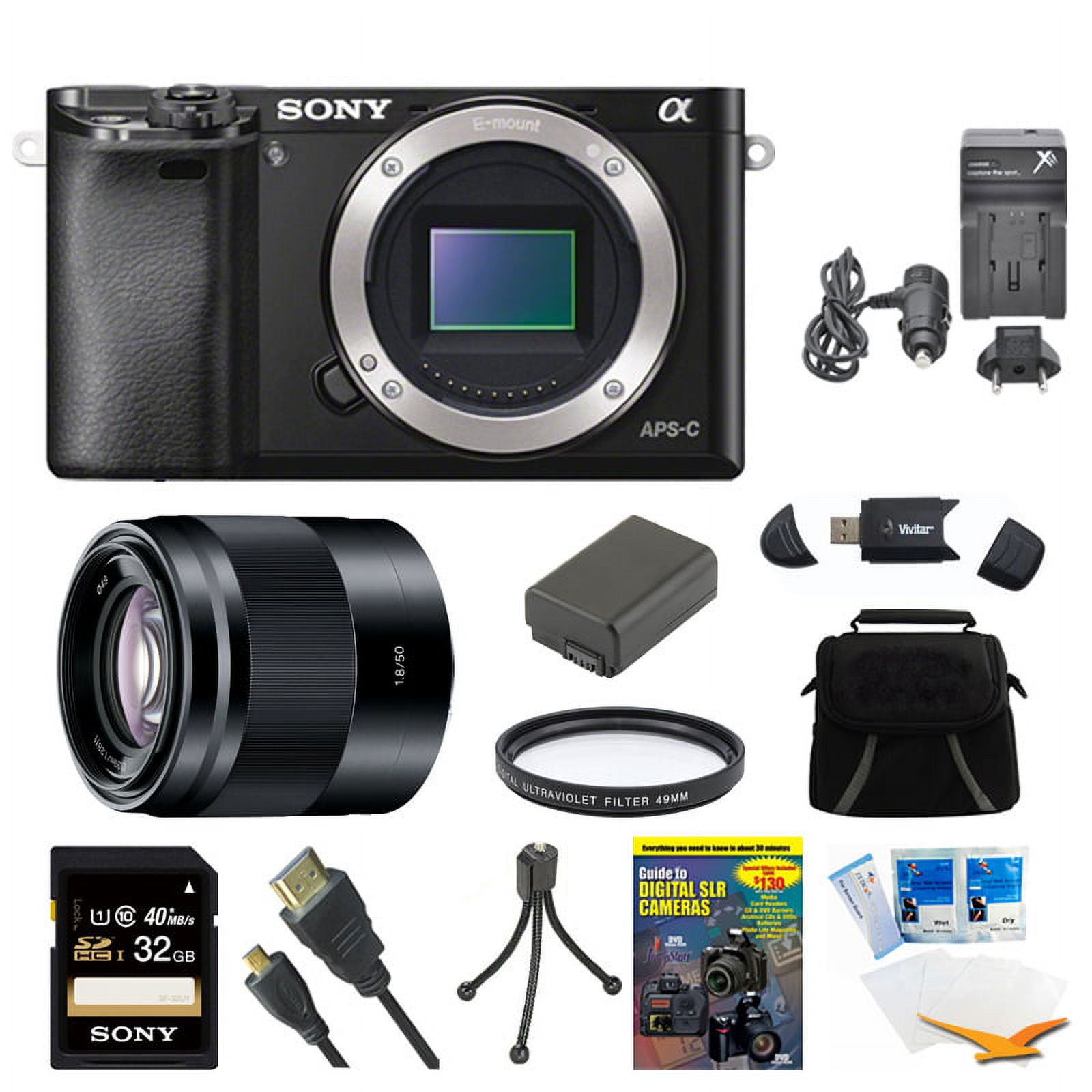 Sony Alpha a6000 Black Camera with 16-50mm Lens and 32GB Card Bundle - Includes Camera, 50mm Lens, 49mm UV Filter, 32GB SDHC/SDXC Memory Card, Bag, NP-FW50 Battery, Battery Charger, Card Reader, DVD - image 1 of 5