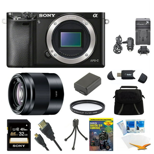 Sony Alpha a6000 Black Camera with 16-50mm Lens and 32GB Card Bundle - Includes Camera, 50mm Lens, 49mm UV Filter, 32GB SDHC/SDXC Memory Card, Bag, NP-FW50 Battery, Battery Charger, Card Reader, DVD
