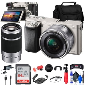 Sony Alpha a6000 24MP Mirrorless Camera with 16-50mm and 55-210mm Lenses Bundle including 64GB Card, Tripod, Bag, Card Reader and Cleaning Kit (International Model)