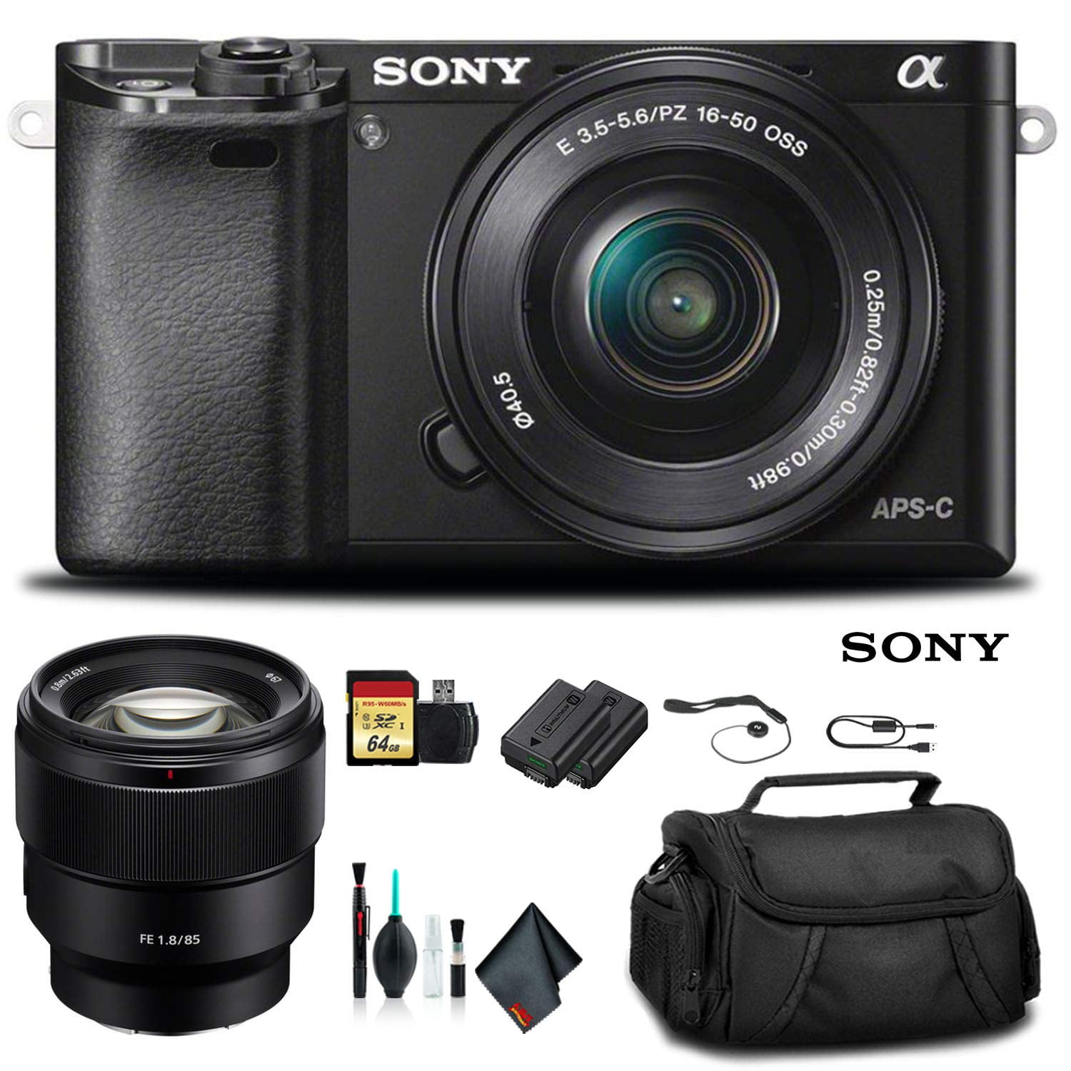 Sony Alpha a6000 Mirrorless Camera with 16-50mm Lens Black With Sony FE  85mm Lens, Soft Bag, Additional Battery, 64GB Memory Card, Card Reader ,  Plus Essential Accessories - Walmart.com