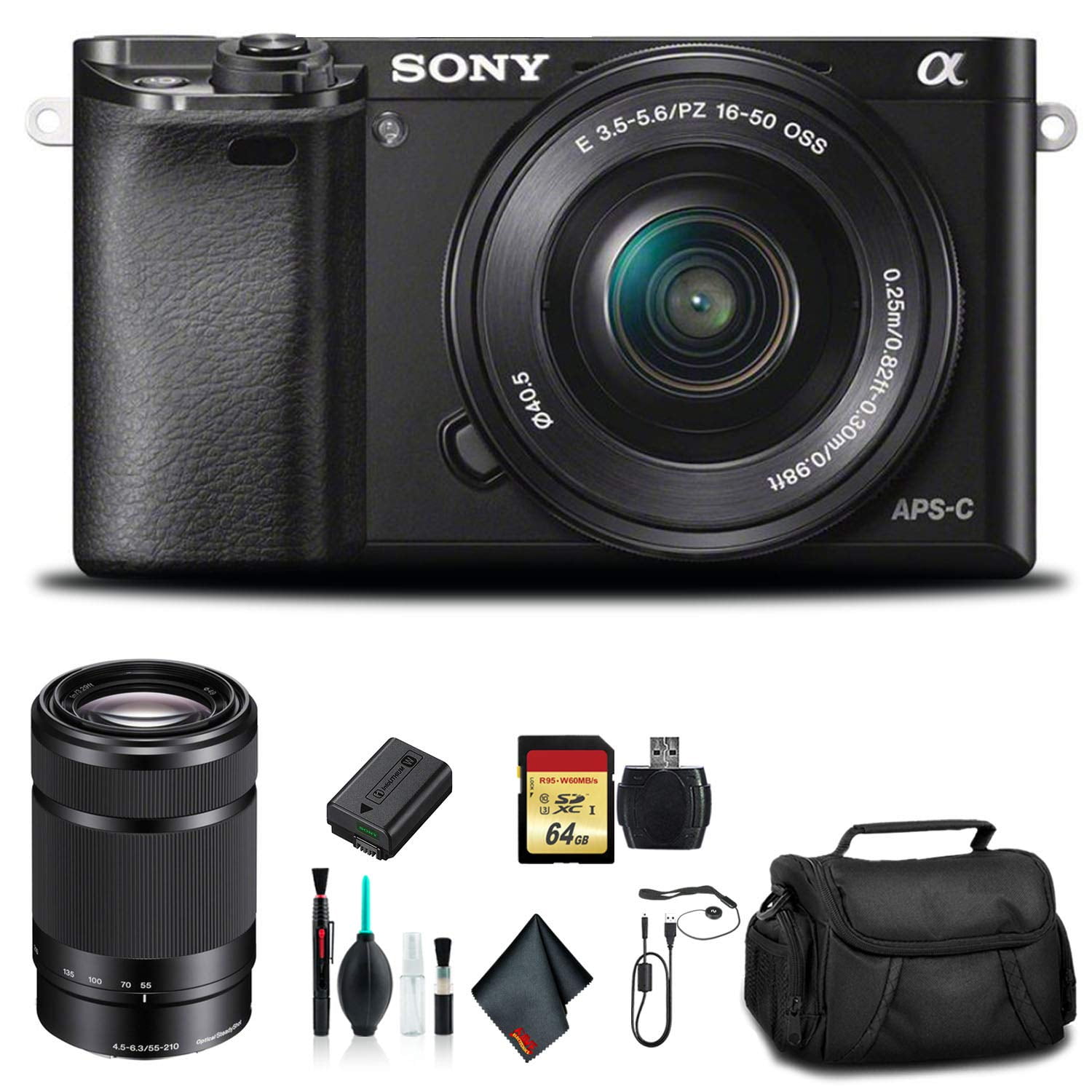Sony Alpha a6000 Mirrorless Camera +16-50mm and 55-210mm Lenses ILCE6000Y/B  +Sof