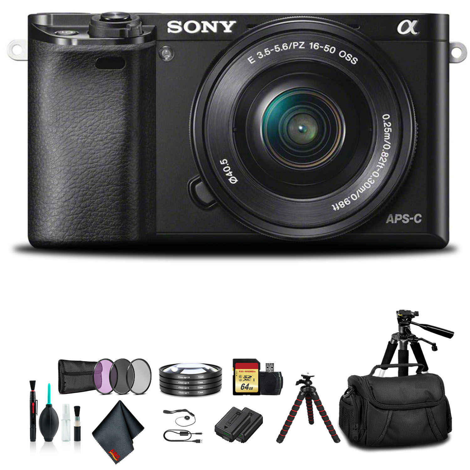 Sony Alpha a6000 Mirrorless Camera with 16-50mm Lens Black with Soft Bag, Additional Battery, 64GB Memory Card, Card Rea - image 1 of 5