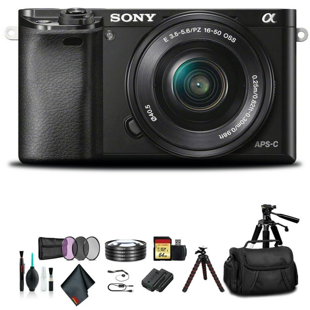 Sony Alpha a6000 Mirrorless Camera with 16-50mm Lens Black with Soft Bag, Additional Battery, 64GB Memory Card, Card Rea