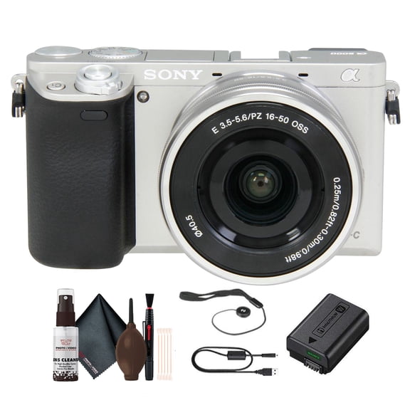 Sony Alpha a6000 Mirrorless Camera with 16-50mm Lens (Silver) + Lens Cap Keeper + Cleaning Kit