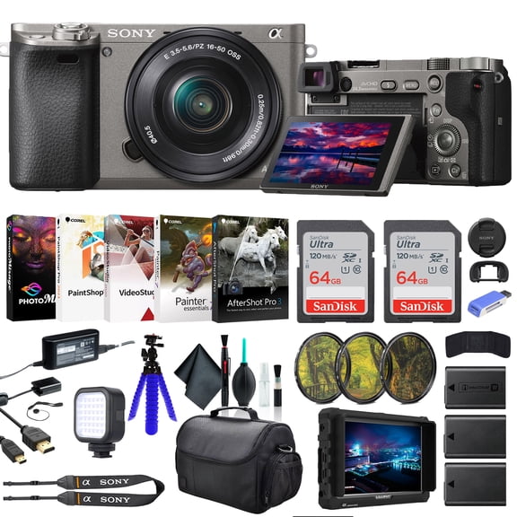 Sony Alpha a6000 Mirrorless Digital Camera with 16-50mm Lens Graphite ILCE6000L/H, 4K Monitor, Rode VideoMic, Filter Kit, 2 x 64GB Card, 3 x NPF-W50 Battery, Card Reader, LED Light, and More