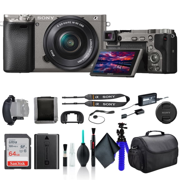 Sony Alpha a6000 Mirrorless Digital Camera with 16-50mm Lens Graphite ILCE6000L/H, 64GB Card, Card Reader, Case, Flex Tripod, Hand Strap, Memory Card Wallet, Cap Keeper, Cleaning Kit