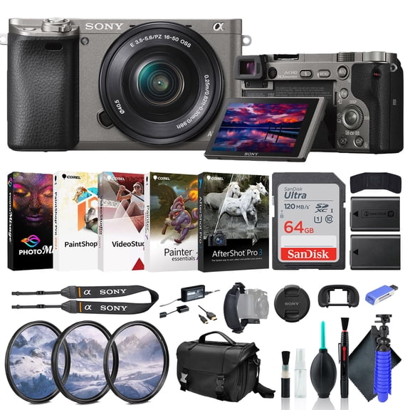 Sony Alpha a6000 Mirrorless Digital Camera with 16-50mm Lens Graphite ILCE6000L/H, Filter Kit, 64GB Card, NPF-W50 Battery, Card Reader, Corel Photo Software, Case, Flex Tripod, and More