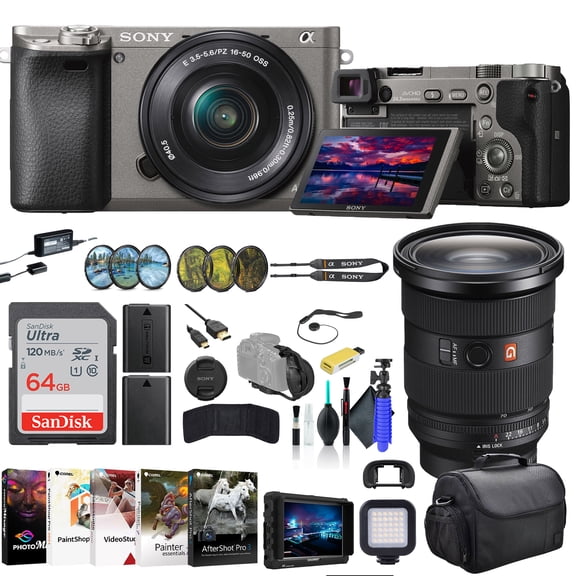 Sony Alpha a6000 Mirrorless Digital Camera with 16-50mm Lens Graphite ILCE6000L/H, Sony FE 24-70mm Lens, Filter Kit, Bag, 64GB Card, NPF-W50 Battery, Card Reader, and More