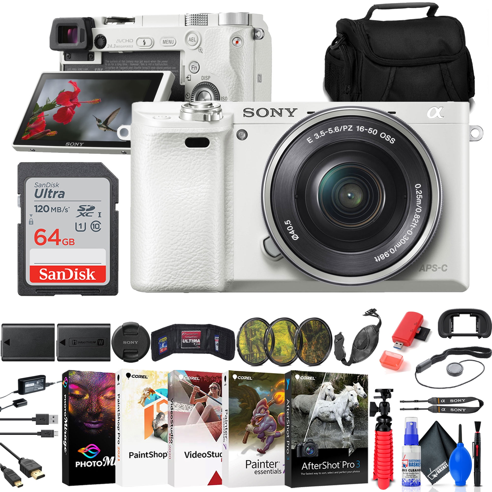 Sony Alpha a6000 Mirrorless Digital Camera with 16-50mm Lens (White)  (ILCE6000L/W) + Filter Kit + 64GB Card + NPF-W50 Battery + Card Reader +  Corel Photo Software + Case + Flex Tripod + More 