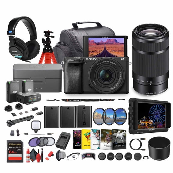 Sony Alpha a6100 Mirrorless Camera with 1650mm and 55210mm Lenses Bundle with DJI Wireless Mic 2, 4K Monitor and 64GB Card (International Model)
