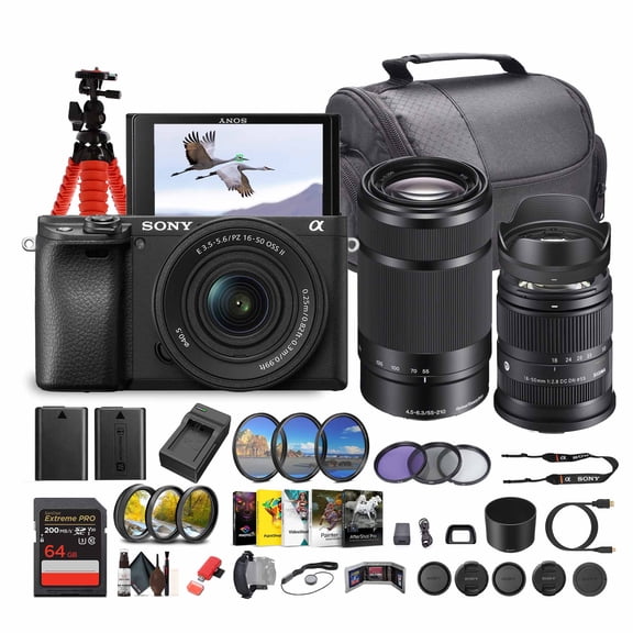 Sony Alpha a6100 Mirrorless Camera with 16-50mm OSS II Lens and 55-210mm Zoom Lenses (ILCE6100XB) + Sigma 18-50mm Lens + Photography Software + 64GB Memory Card + NP-FW50 Battery + Camera Bag + More