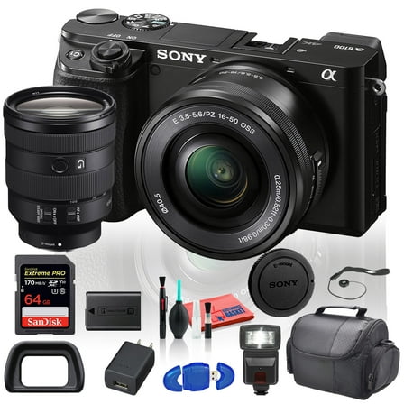 Sony Alpha a6100 Mirrorless Camera with 16-50mm Lens plus Sony FE 24-105mm f/4 G OSS Lens Creator Bundle with 64GB Card, Flash and Bag (International Model)