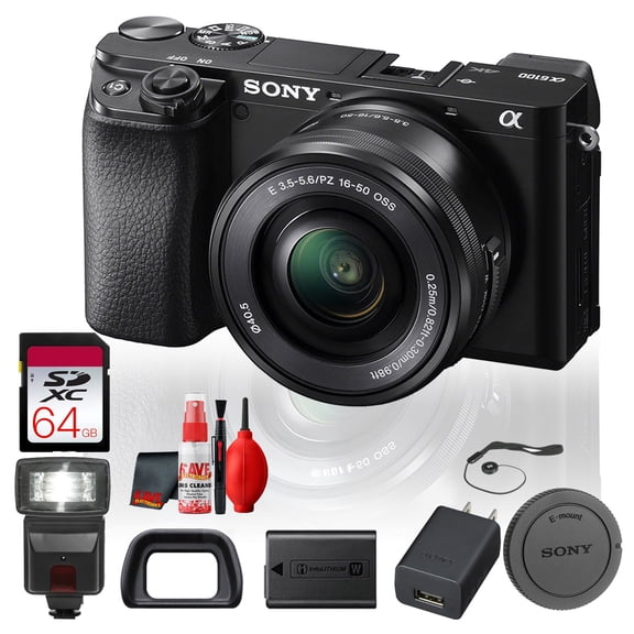 Sony Alpha a6100 Mirrorless Camera with 16-50mm Lens + Flash, 64GB Card & Base Bundle (International Model)